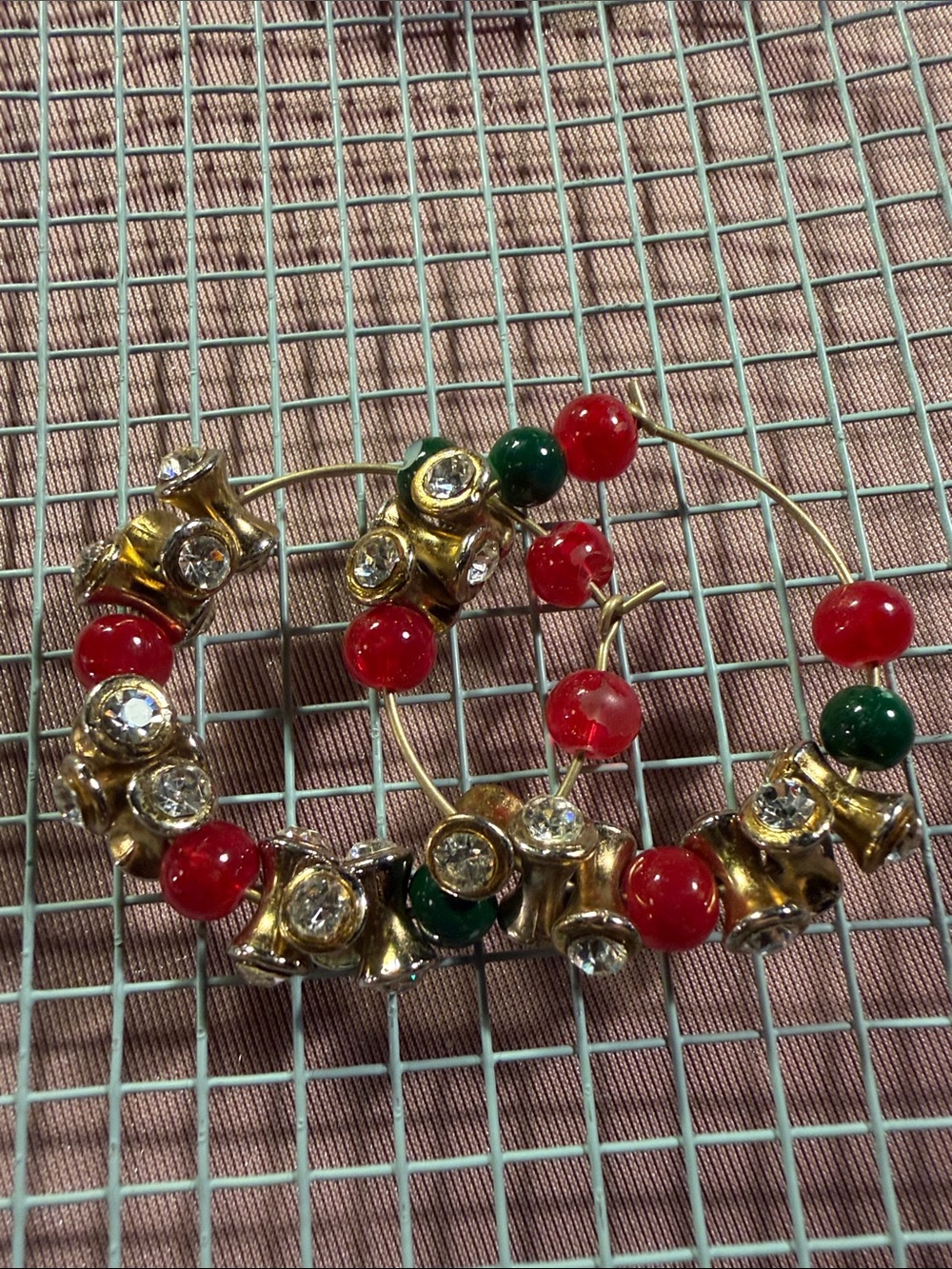 Gold Hoop Earrings with Red and Green Bead Accents